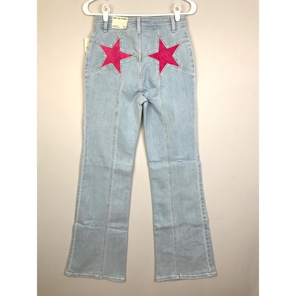 NWT We The Free People Sz 27 Firecracker Flare Blue Denim Jeans Pink Stars